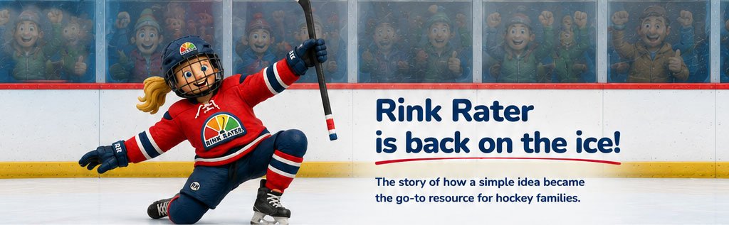 Rink Rater mascot on the ice. Headline: Rink Rater is back on the ice! The story of how a simple idea became the go-to resource for hockey families.